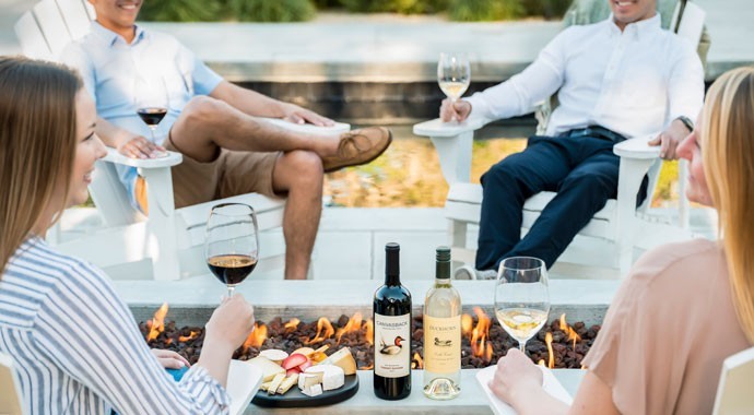Canvasback wines by a fire with four people