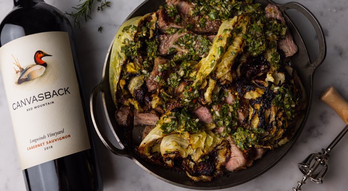 Butter Basted Ribeye with Cast Iron Cabbage and Meyer Lemon Chimichurri