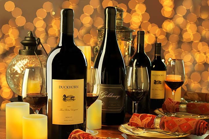 Large format Duckhorn Portfolio wines on a dinner table