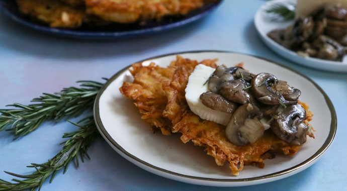 Latkes Topped With Herb Roasted Mushrooms and Brie recipe